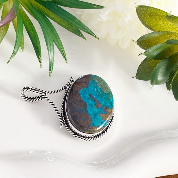 Blue Chrysocolla Pendant Chunky Boho Southwest New 925 Sterling Silver Overlay - Picture 4 of 6